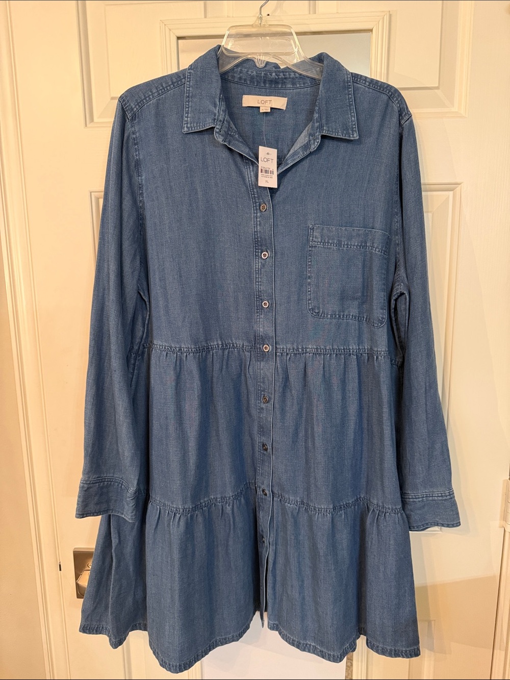 LOFT Light Blue Denim Button-Front Tiered Long Sleeve Dress